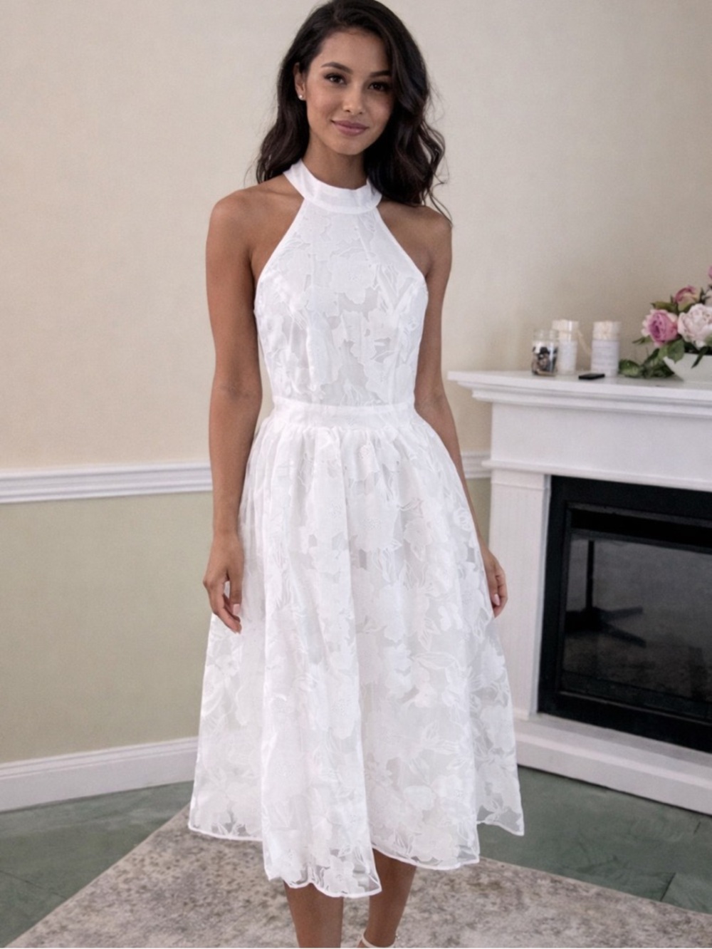 LULUS White Lacy Crochet Open Back Halter Midi Dress Size XS NWT